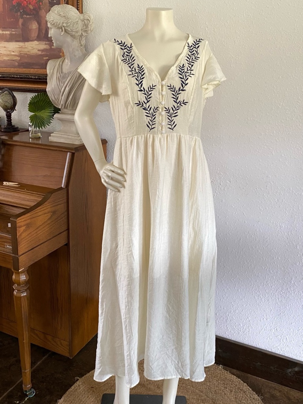 Ivory Embroidered V-Neck Maxi Dress